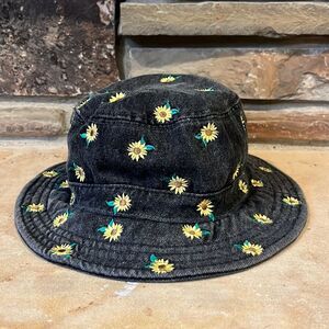 Floral Embroidered Black Bucket Hat
